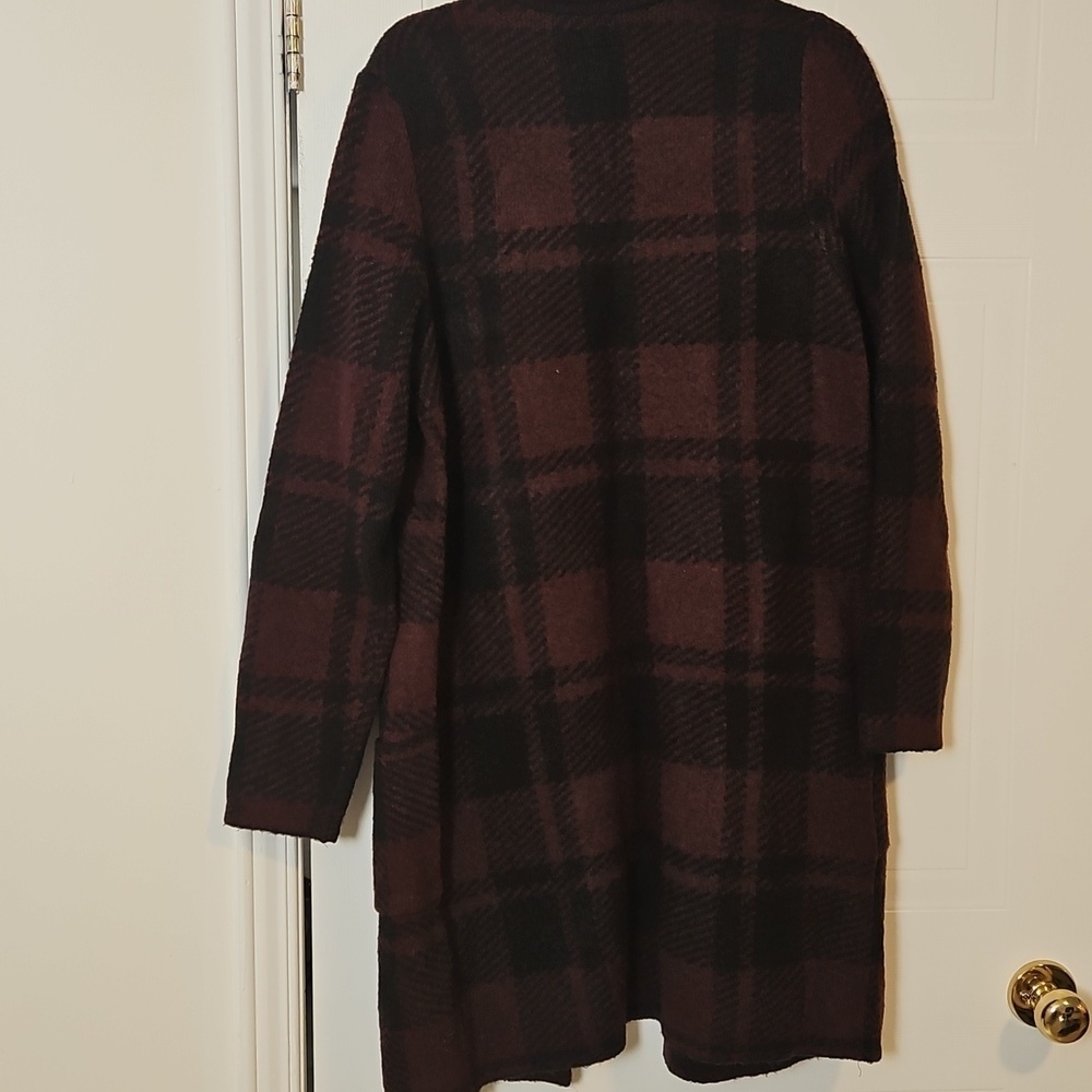 Dex Sweater Womens Large Red black Plaid Open Front Long Line Cardigan buttons - Picture 6 of 7
